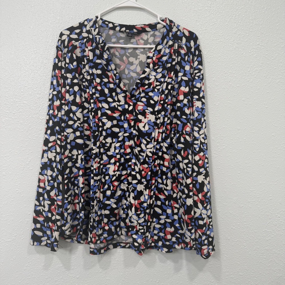 Zac & Rachel Woman 2X Blouse Multi-Color Abstract Petal Print V-Neck Pleated Top